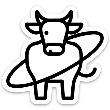 stylized cow with Saturn's rings around its body, icon style, outlined, minimalistic sticker