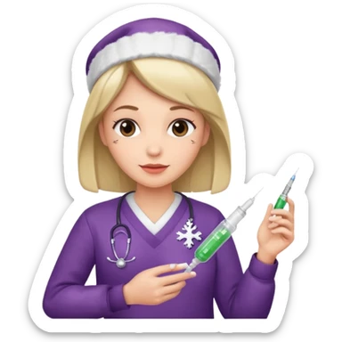 nurse wearing a christmas pullover and holding a a sting sticker