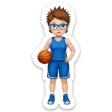 Full Body white plus size Girl with basketball spikey short brown hair  wearing blue glasses with green eyes wearing basketball uniform sticker