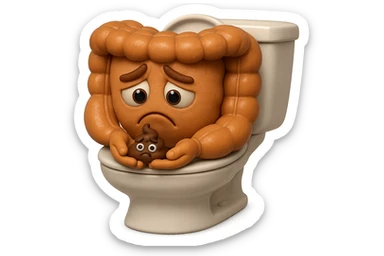 emoji stile iphone di un intestino realistico 3d che esce dal wc con in mano una montagnetta di feci con espressione triste a palline, iperrealistico 4k sticker