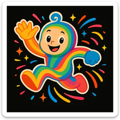 Replace the mascot in this image with the same unified mascot character used in the other two images. Maintain the colorful motion lines, sparkles, and dynamic accents to keep the playful, energetic, and imaginative vibe suitable for a black website background. sticker