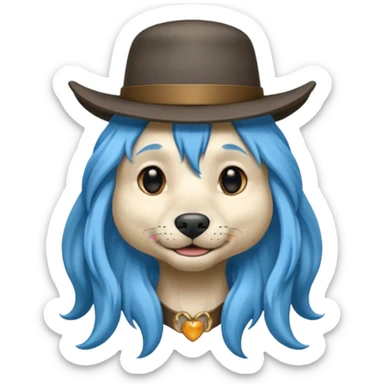 fancy dog with long blue hair, wearing hat sticker