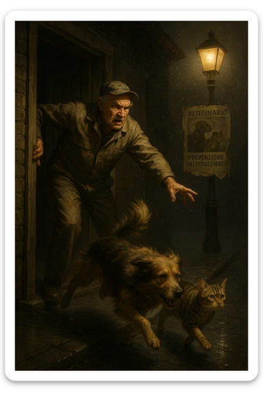 Un uomo anziano in tuta da lavoro, con espressione arrabbiata, butta fuori i suoi animali con aperta la porta di casa mentre il suo cane (un meticcio a pelo lungo) e il gatto (soriano) scappano nella strada buia sotto la pioggia. Particelle di polvere/pulci fluttuano nell'aria illuminata dal lampione. Sullo sfondo, un poster strappato del veterinario con scritto 'Prevenzione antiparassitaria'. Stile fotorealistico, illuminazione Caravaggesca, toni grigi e ocra. in italiano sticker