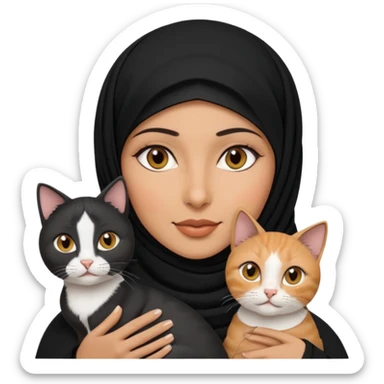 A Arabic woman human with brown eyes and black hijab. , the human is a human no cat ears, two cats, the both cats have the colour black and white in the same colour, not orange cat,  NO CAT EARS ON THE HUMAN ,  sticker
