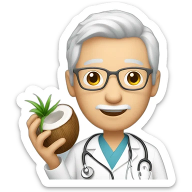 a middgle aged doctor,white and grey short hair, holding a coconut on his hand sticker