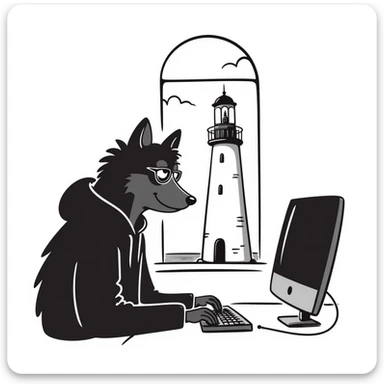 a wolf coding a lighthouse, hand drawn doodle style sticker