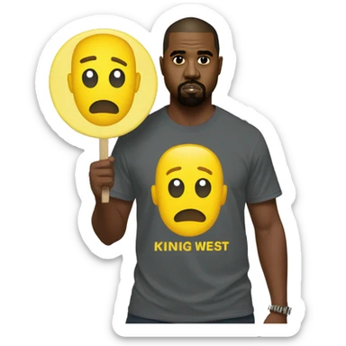 Kanye west holds a yellow sign with tshirt sticker