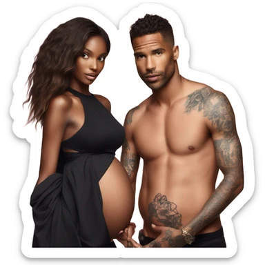 Photo of a Victoria secret model pregnant Standing next to a tattooed male model  sticker
