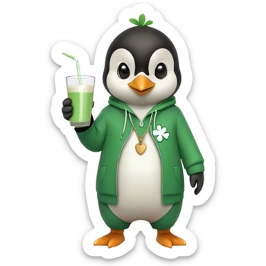 full body friendly anthropomorphised penguin wearing green mafia-style tracksuit, angry confident scheming stance, holding glass of milk, shamrock accessory sticker