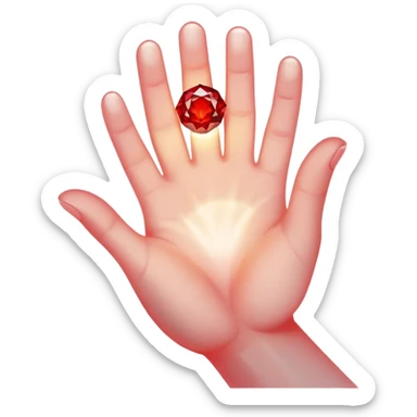 Pov white tone skin hand holding a red glowing gem refracting light sticker