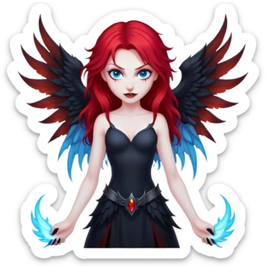 extremely diabolical girl with giant towering wings, blood red hair, glowing blue eyes, black hellfire aura, no horns, evil grin sticker