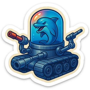 Menacing dolphin in a water tank mounted on tank treads, shiny grey metal parts, blue water in tank, some forward-facing missiles and large guns, retro sticker style, no border, clean and vibrant with transparent background sticker