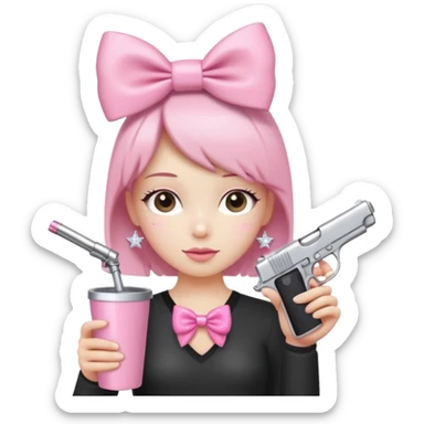 Minimalist figure with a cute pink aesthetic. It has a sparkly pink bow on its head, a pink gun keychain hanging nearby, and is holding a large plain pink tumbler cup. The background is simple white with a soft shadow for a clean look. sticker