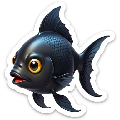 Cinematic Comical Black Goldfish Portrait Emoji, Head tilted dramatically with an exaggeratedly amused expression, featuring a striking, glossy deep black body with vibrant, fluttering fins, wide, expressive golden eyes filled with playful disbelief, Simplified yet hilariously expressive features, highly detailed, glowing with a slightly sassy glow, high shine, dramatic yet playful, stylized with an air of cheeky mischief, bright and endearing, soft glowing outline, capturing the essence of a spirited and over-the-top goldfish, so meme-worthy it feels like it could side-eye its way into internet fame instantly! sticker