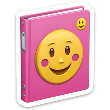libreta de anillos rosada en perspectiva isometrica con sticker de carita feliz amarilla, con aspecto de emoji de apple sticker