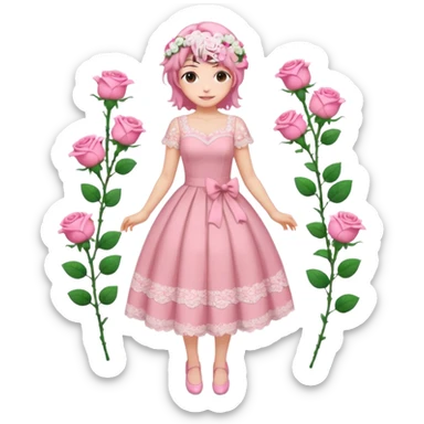 pastel anime woman with pink and white lace dress full body and roses in hair sticker