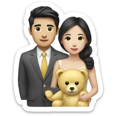 Young Rich Asian couple with a pale yellow teddybear sticker