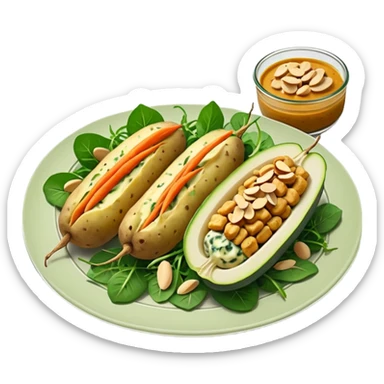 Potatoes stuffed with a filling of cashews, tofu, chives and almonds baked with a cheesy peanut-spinach sauce and smoked tempeh + a salad of fennel-marinated zucchini and carrots served with pickled cucumber and arugula.  sticker