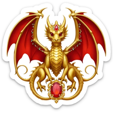 Golden Dragon with wings crest/brosch in a circle with red gems sticker