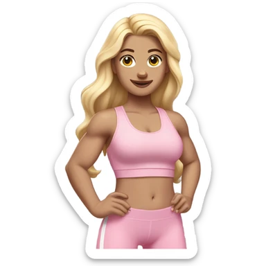White woman, light skin, long hair, blonde hair, wavy hair, baby pink sports bra, baby pink leggings, flexing one arm sticker