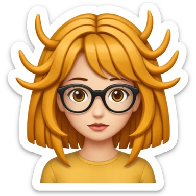 Uma garota de cabelos encaracolados compridos e mechas bem loiras, com pele morena  e óculos sticker