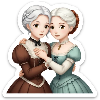 Two Victorian era women hugging each other closely, one with white hair and one with dark copper colored hair, both wearing Victorian period dresses sticker