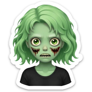 crie um emoji de uma garota zoombie verde assustadora e fofa com cabelo ondulado 2b e camiseta básica preta sticker