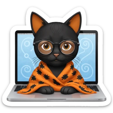 A black female cat working on a MacBook, with long, black straight lashes, round glasses and she wears a blanket with an orange pattern sticker