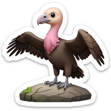 a vulture — large bird with dark brown feathers, bald pinkish head, curved beak and sharp eyes — standing proudly on a rock — wings slightly open — realistic yet cute cartoon emoji look, clean lighting, soft shadows. sticker