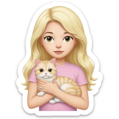 a black long wavy hair white girl using a baby pink t-shirt holding a blonde persian cat sticker