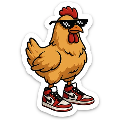 a chicken wearing Air Jordan 1 sneakers and 'deal with it' pixel sunglasses, cool and stylish, no background sticker