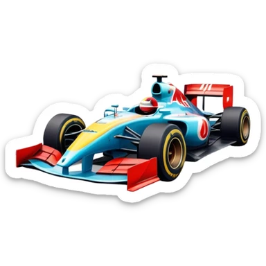 An icon showing a Formula 1 car racing down a track, with the vibrant speed and motion captured in the design. The background features a grand racing stadium with packed stands and winding turns, symbolizing the thrill of high-speed racing. Transparent background highlights the excitement. sticker