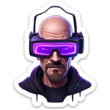 Walter White wearing a black hoodie with "OMG" letters on it and VR headset in a cyberpunk VR environment with violet neon lighting. sticker