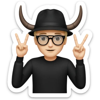 man dressed in black with dark glasses black Lens and a black hat making the horns gesture with both fingers hands sticker