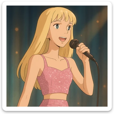 Pretty and thin tall Blonde pop star with bangs singing onstage, wearing a sparkly pink outfit   sticker