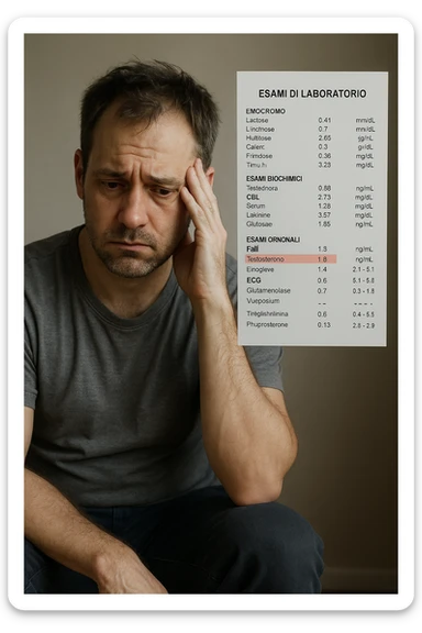 Un uomo caucasico di 35-45 anni, in CGI fotorealistico, che mostra i segni fisici ed emotivi di un basso livello di testosterone. aggiungere un referto medico semi-trasparente fluttuante accanto a lui, con valori di testosterone evidenziati in rosso. in italiano sticker