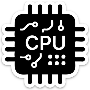 Central Processing Unit (CPU) microchip with circuit pattern details and transistor grid layout. A professional computer processor icon with the text 'CPU' sticker