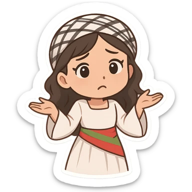 Kurdish woman in a new dress, arms raised, palms up, confused face, no text sticker