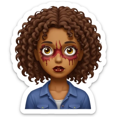 Faça uma garota zombie de cabelo cacheado castanho, olhos castanhos escuro e pele parda sticker