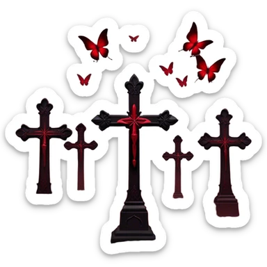 A hauntingly beautiful scene with Gothic crosses shrouded in deep red mist, as crimson butterflies flutter around them. The atmosphere is dark yet mesmerizing, with shades of red and black blending into an eerie glow.
 sticker