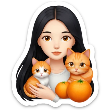 beautiful girl with flowing long black hair holding a cute orange ginger cat sticker