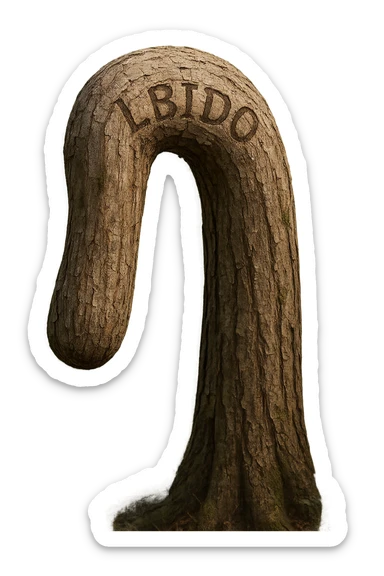 Realistic, vertical 4K illustration: a hyperrealistic tree trunk in a forest setting, noticeably bent, drooping, or wilted instead of standing upright. The bark is textured and detailed WITH THE WORD "LIBIDO" PRINTED ON IT, with subtle cracks and faded colors suggesting loss of vitality. Soft, natural light filters through the surrounding trees, casting gentle shadows. The scene is quiet and contemplative, with the trunk’s unusual, slumped posture symbolizing a decline in male libido. The background is lush and detailed, but the focus remains on the central, softened trunk, evoking a sense of vulnerability and introspection. sticker