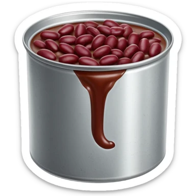 open metal can filled with glossy dark red kidney beans in thick slightly starchy liquid, beans plump smooth gently mounded in plain partially opened tin can, no label or extras, apple emoji style, soft lighting, subtle shadows, transparent background, emoji scale sticker