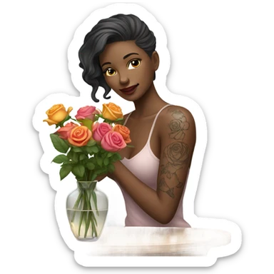 Hyper Realistic beautiful woman model with a small rose tattoo arranging flowers in a vase sticker
