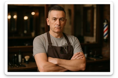 huddi shu odamni qariroq va soqolsiz tasvirlab ber o'zgartirib realistik qilib orqa fon sartaroshxona belidan sal pastroqqacha uzbek sartaroshi juda ham qari emas lekin yosh ham emas sticker