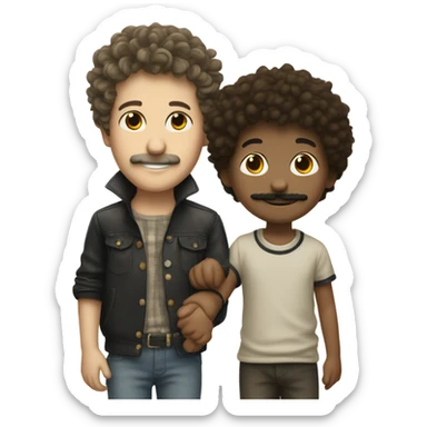 smiling boy with mustache indoors holding hands with Bob Dylan sticker