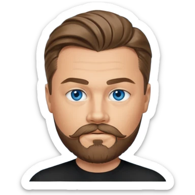 a good looking like leonardo di caprio blue eyes, beard, mustache, a black shirt, green eyes, hair tied to the back sticker