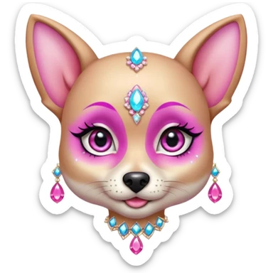 glamorous dog portrait, head and shoulders only, exaggerated pink makeup, bright eyeshadow, long eyelashes, shiny blush cheeks, sparkling face gems, glitter accents, elegant earrings, fantasy beauty style, cute 3D cartoon, mobile game icon style, clean background, no text, no watermark
 sticker