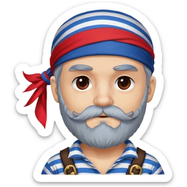 A cute pirate first mate, red bandana, eye patch, blue striped shirt, grey beard sticker