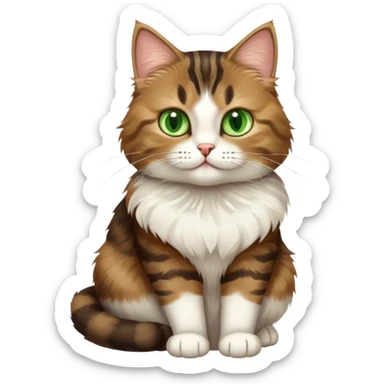 Brown, white, and black tabby cat with green eyes sitting to show its white belly, cute facial expression sticker